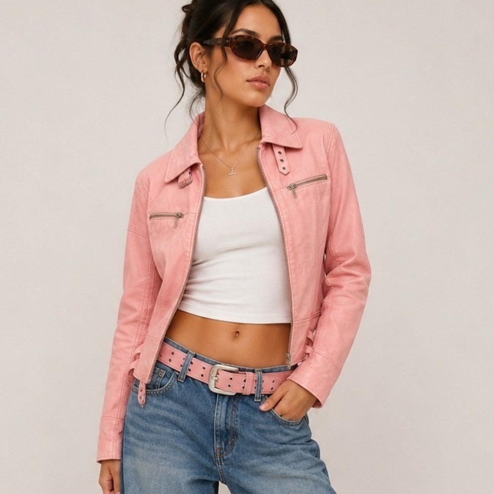 Volcan Pink Genuine Leather Moto Biker Jacket Cropped Y2K Vintage M
